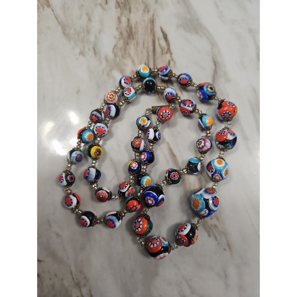 Vintage Glass Bead Floral Necklace Stunning Multi Color 24" Murano Style